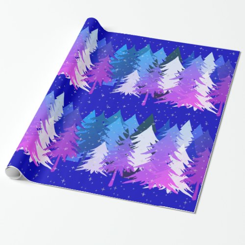 Blue Purple White Christmas Trees Stars Snow Blue Wrapping Paper