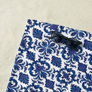 Blue, Purple & White Damask Pattern Beach Towel