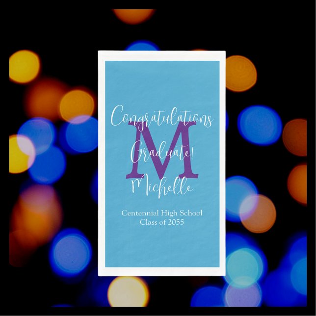 Blue Purple White Graduation Party Name Monogram  Paper Guest Towels (Creator Uploaded)