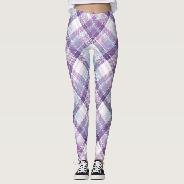 Blue, Purple & White Plaid Pattern Leggings (Front)
