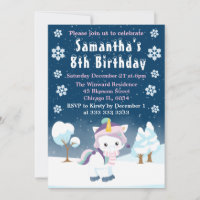 Blue Purple & White Winter Unicorn Birthday Party Invitation