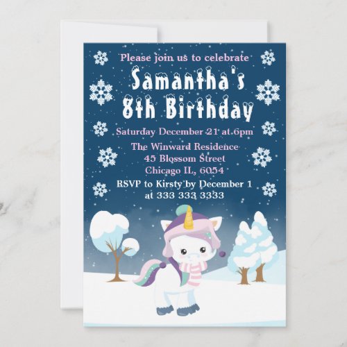 Blue Purple  White Winter Unicorn Birthday Party Invitation