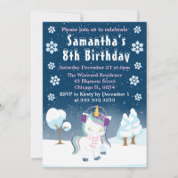 Blue Purple & White Winter Unicorn Birthday Party Invitation