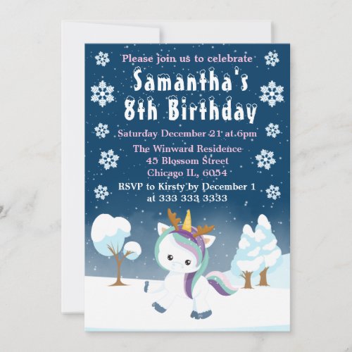 Blue Purple  White Winter Unicorn Birthday Party Invitation