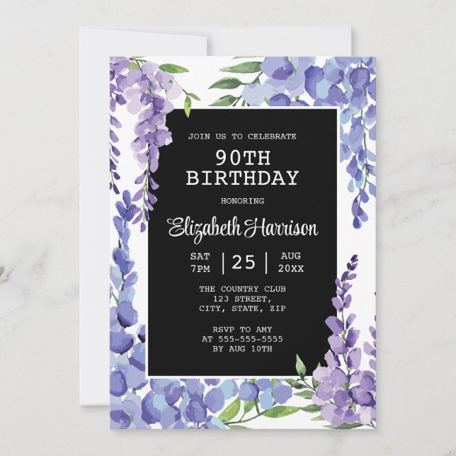 Blue Purple Wisteria Floral 90th Birthday  Invitation (Front)