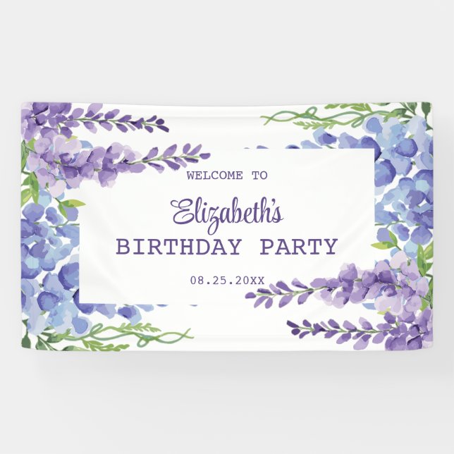 Blue Purple Wisteria Floral Greenery Birthday  Banner (Horizontal)