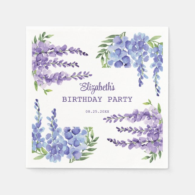 Blue Purple Wisteria Floral Greenery Birthday  Napkins (Front)
