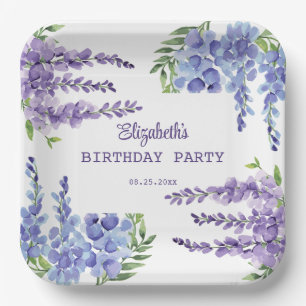 Blue Purple Wisteria Floral Greenery Birthday Paper Plates