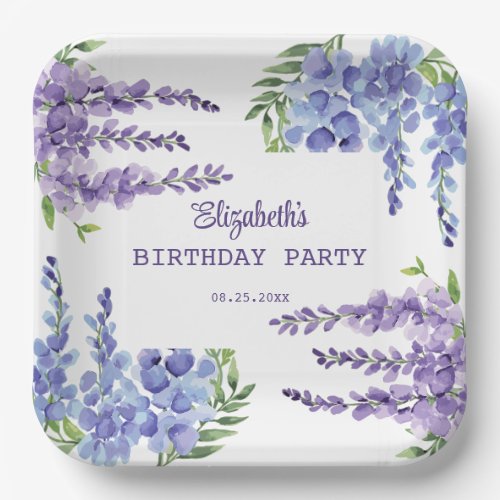 Blue Purple Wisteria Floral Greenery Birthday  Paper Plates
