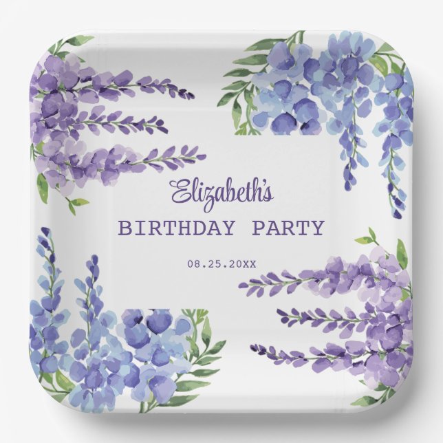 Blue Purple Wisteria Floral Greenery Birthday  Paper Plates (Front)