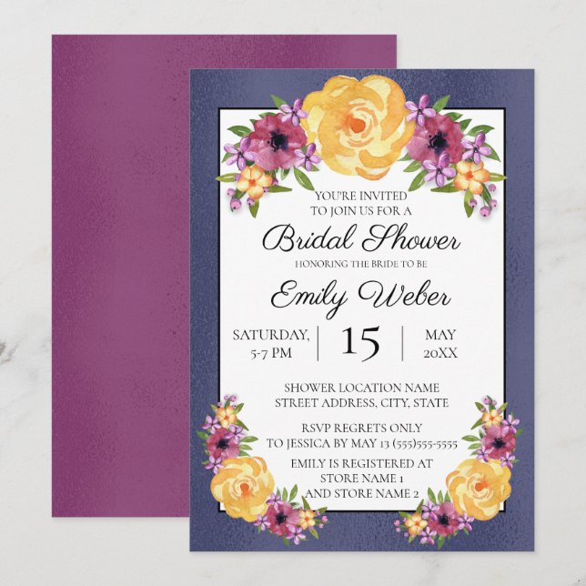 Blue Purple Yellow Floral Bridal Shower Invite (Front/Back)