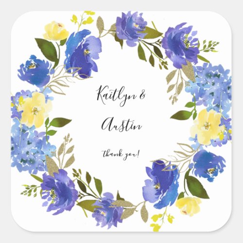 Blue Purple  Yellow Floral Square Sticker