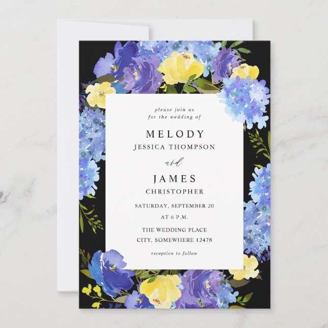 Blue Purple & Yellow Floral Wedding - Black Invitation (Front)
