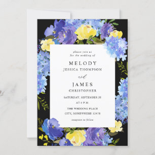 Blue Purple & Yellow Floral Wedding - Black Invitation