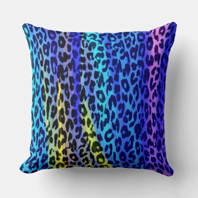 Blue Purple Yellow Leopard Print Skin Throw Pillow (Front)