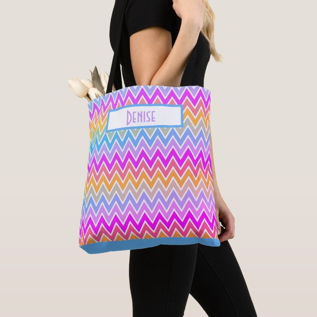 Blue Purple Yellow Rainbow Chevron  Monogrammed   Tote Bag (Close Up)
