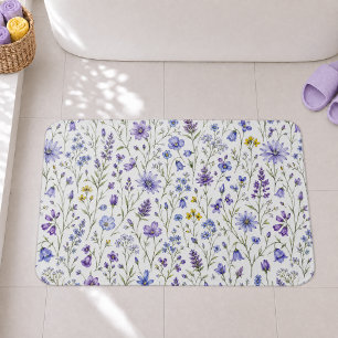 Blue Purple Yellow Watercolor Wildflower Pattern Bath Mat