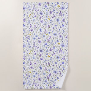 Blue Purple Yellow Watercolor Wildflower Pattern Beach Towel