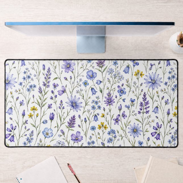 Blue Purple Yellow Watercolor Wildflower Pattern Desk Mat (Creator Uploaded)
