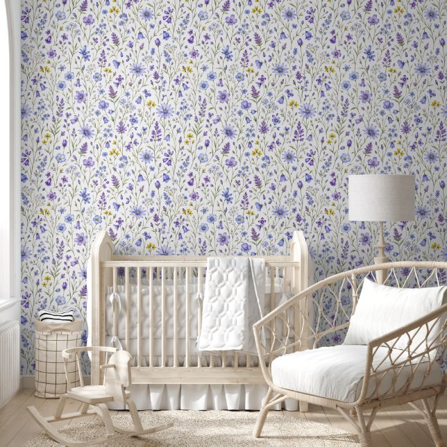 Blue Purple Yellow Watercolor Wildflower Pattern Wallpaper (Kids)