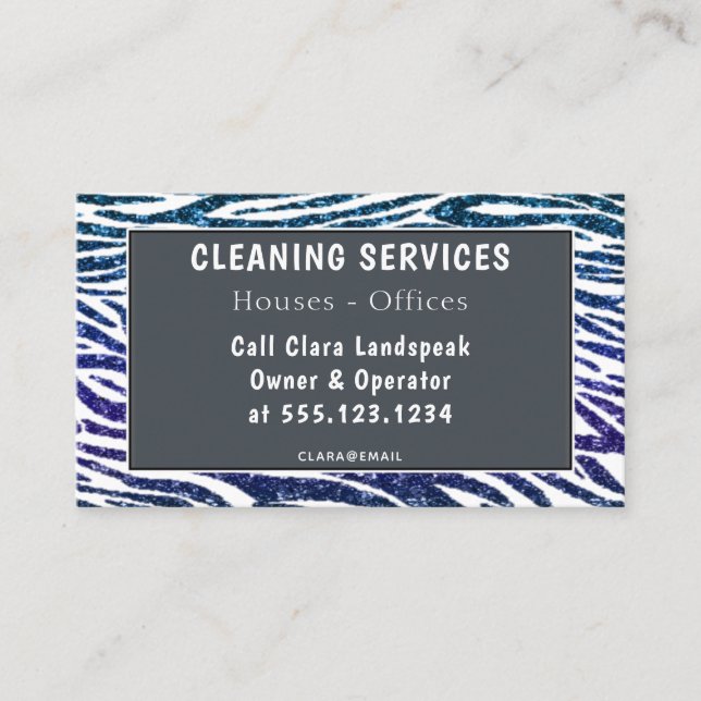 Blue Purple Zebra Print Glitter Cleaning Business Card (Front)
