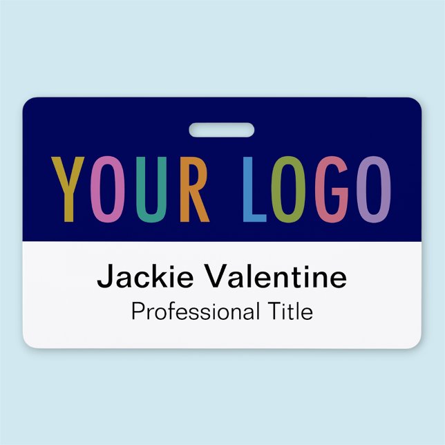 Blue PVC Name Badge Horizontal Logo Work ID Tag (MISOOK Horizontal Employee Badge with Logo on Top Navy Blue)