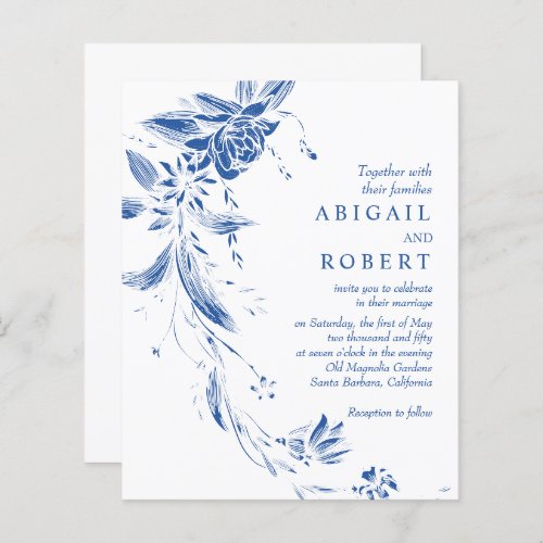 Blue QR code floral BUDGET wedding invitation