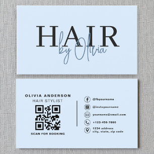 Blue QR Code Hair Stylist Modern Typography Business Card