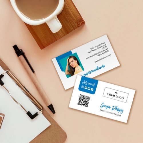 Blue QR Code Photo Logo Social Media Business Card