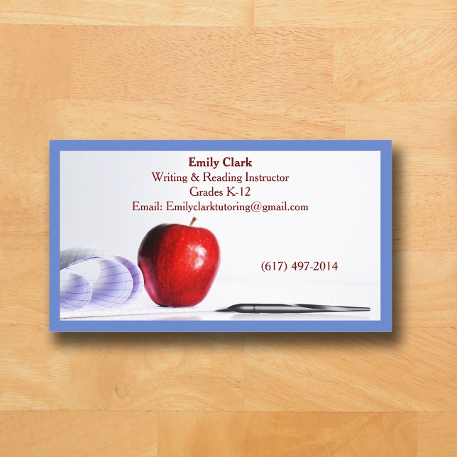 Blue QR Code School Teacher Red Apple   Business Card (Blue Business Card for Teacher )