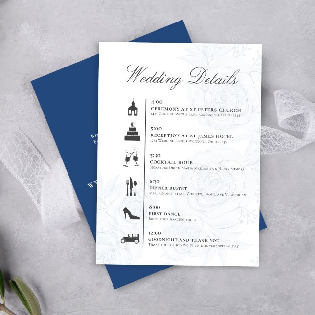 Blue QR Code Wedding Details Timeline Card (Elegant floral wedding details card with calligraphy script and clear timeline layout.)