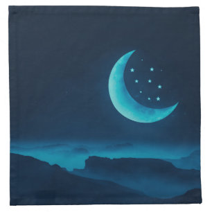 Blue Quarter Moon and Mountains   Cloth Napkin