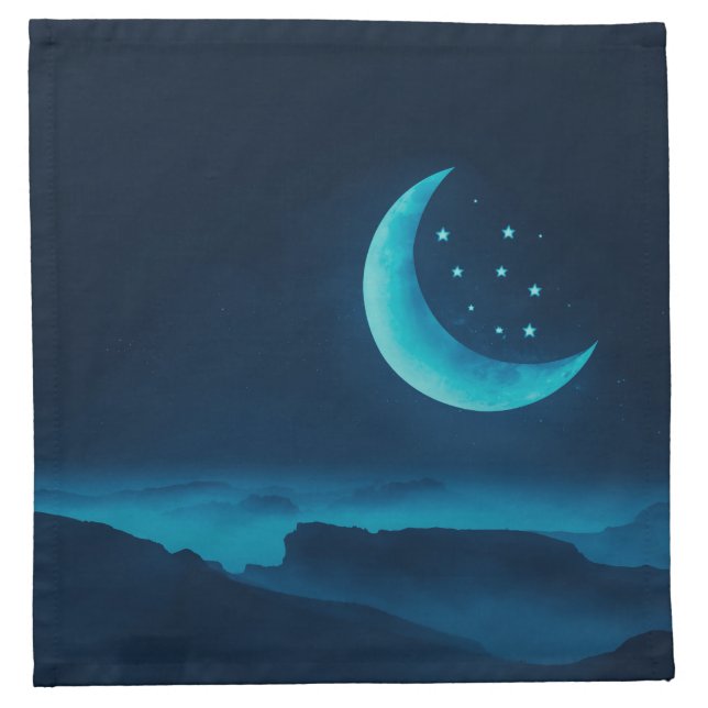 Blue Quarter Moon and Mountains | Cloth Napkin (Front)