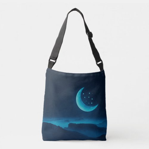 Blue Quarter Moon and Mountains  Crossbody Bag