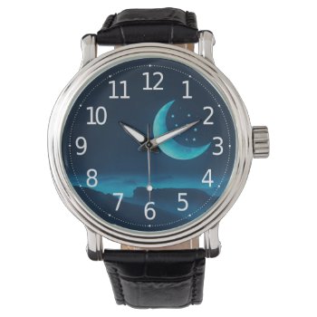 Blue Quarter Moon And Mountains | Men's Watch by ofbeautyandwonder at Zazzle