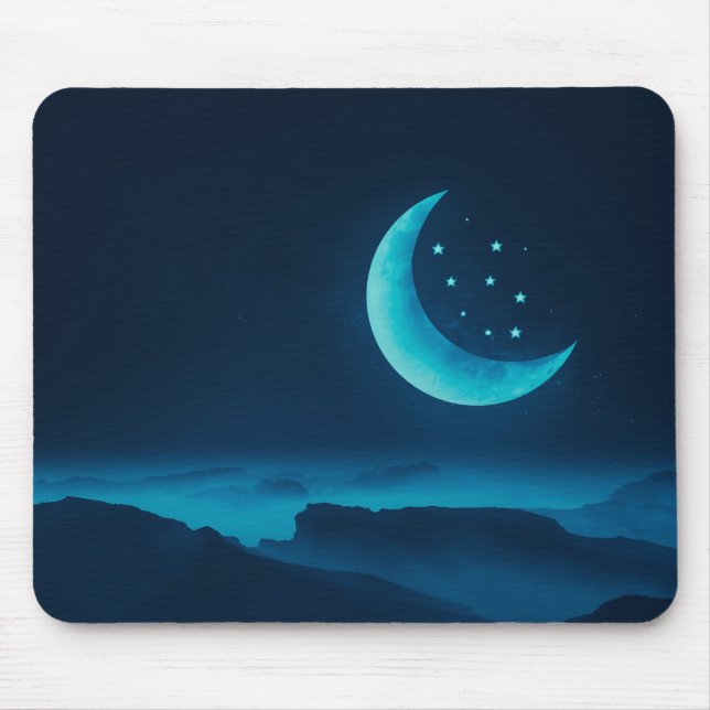 Blue Quarter Moon and Mountains | Mouse Pad (Front)