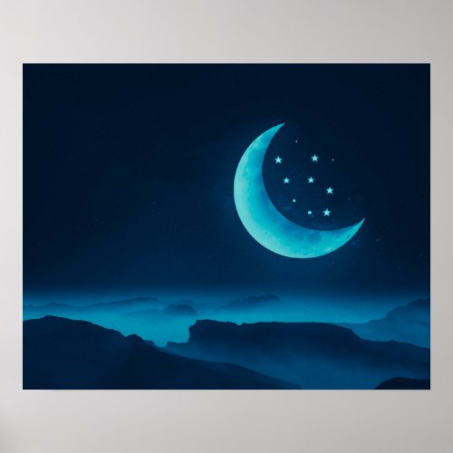 Blue Quarter Moon and Mountains  Poster