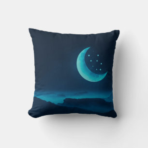 Blue Quarter Moon and Mountains Throw Pillow