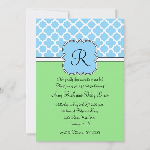 Blue Quatrafoil Monogram Sip and See Invitation