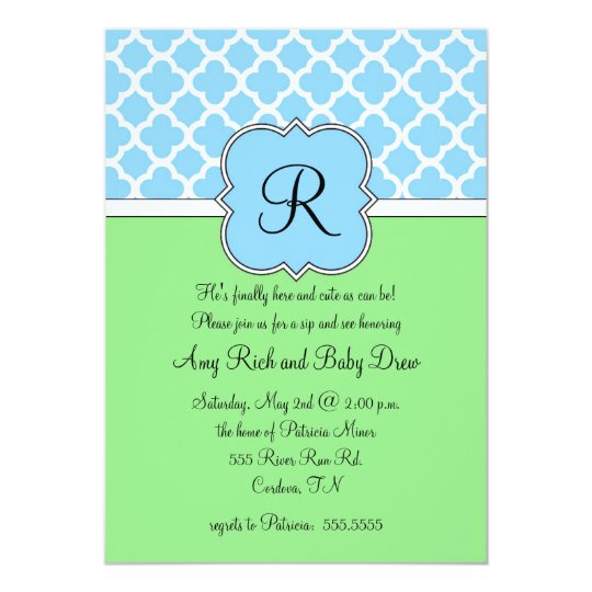 Blue Quatrafoil Monogram Sip and See Invitation