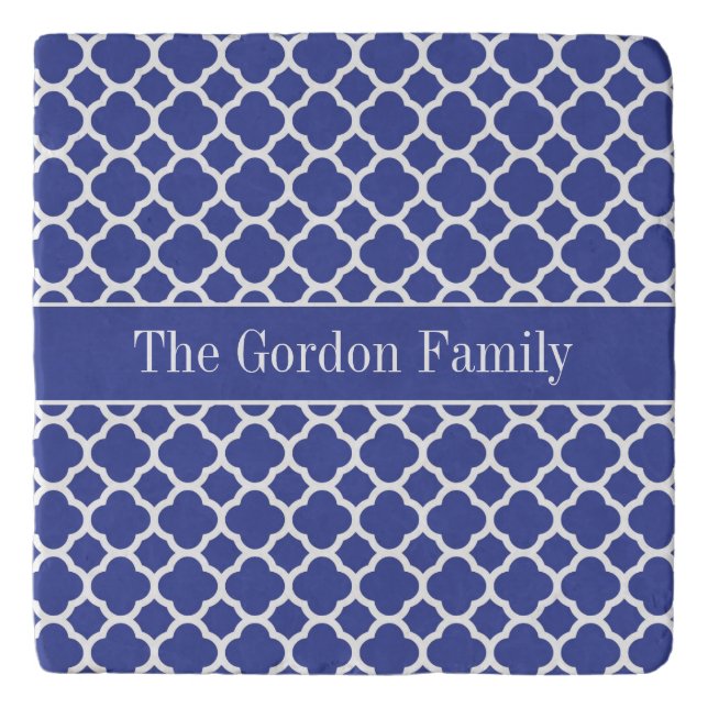 Blue Quatrefoil Band Personalized Trivet (Front)