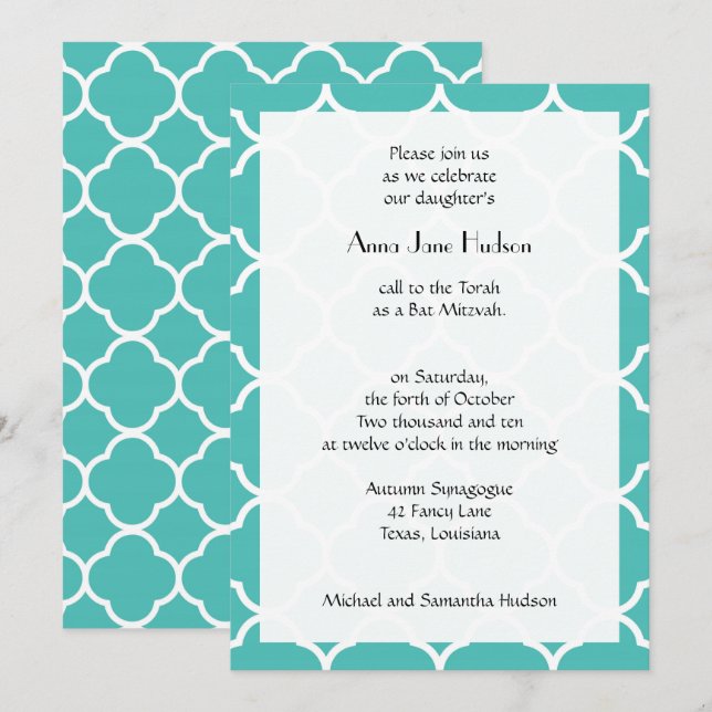 Blue Quatrefoil, Moroccan Trellis, Bat Mitzvah Invitation (Front/Back)