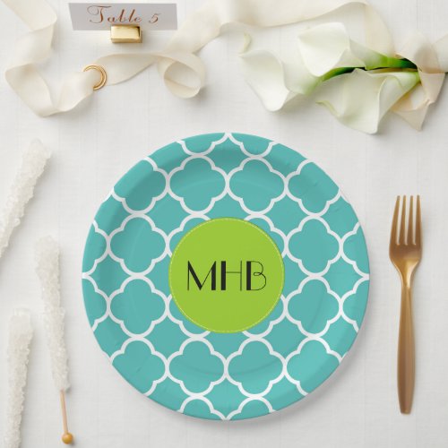 Blue Quatrefoil Moroccan Trellis Monogram Paper Plates