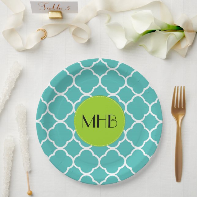 Blue Quatrefoil, Moroccan Trellis, Monogram Paper Plates (Wedding)