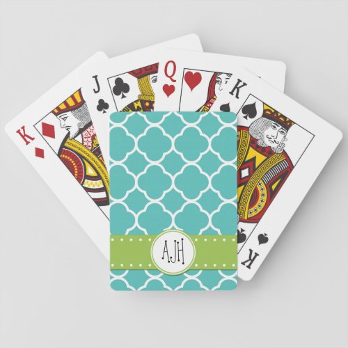 Blue Quatrefoil Moroccan Trellis Monogram Poker Cards
