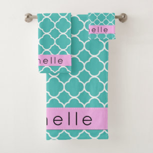 Blue Quatrefoil, Moroccan Trellis, Your Name Bath Towel Set