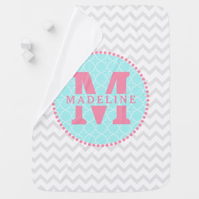 Blue Quatrefoil Pink Monogram Girls Baby Blanket (In Situ)