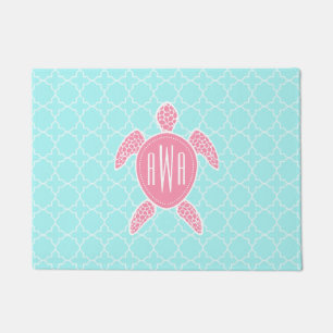 Blue Quatrefoil + Pink Sea Turtle Monogram Doormat