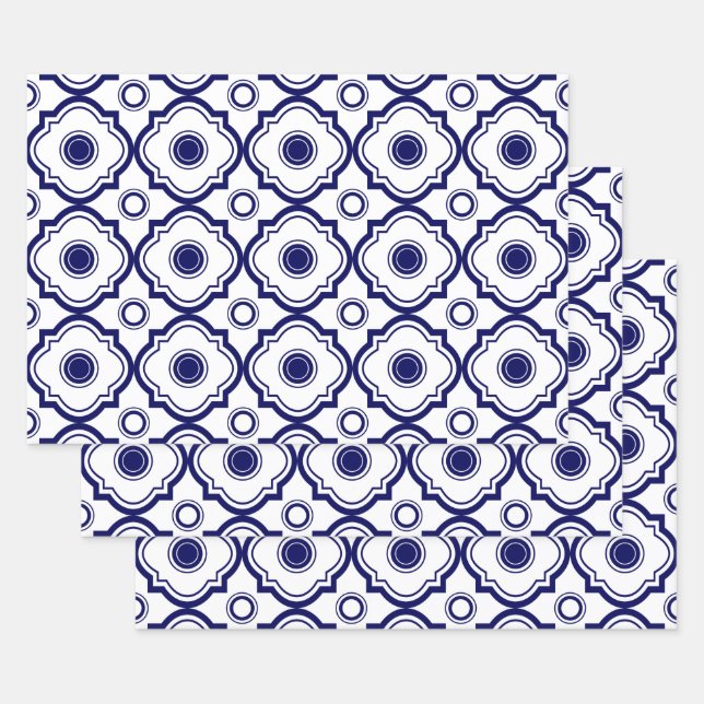 Blue Quatrefoil Wrapping Paper Sheets (Set)