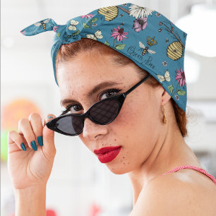 Blue Queen Bee and Gold Crown Floral Bandana